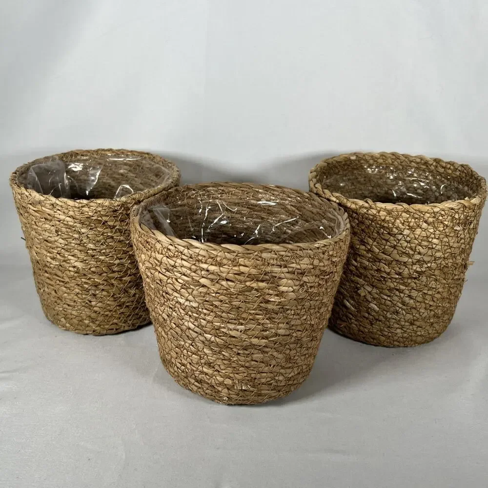 Set of 3 Rope Jute Wicker Grass Plastic Lined Plant Baskets Holders 5-5.75” Pots